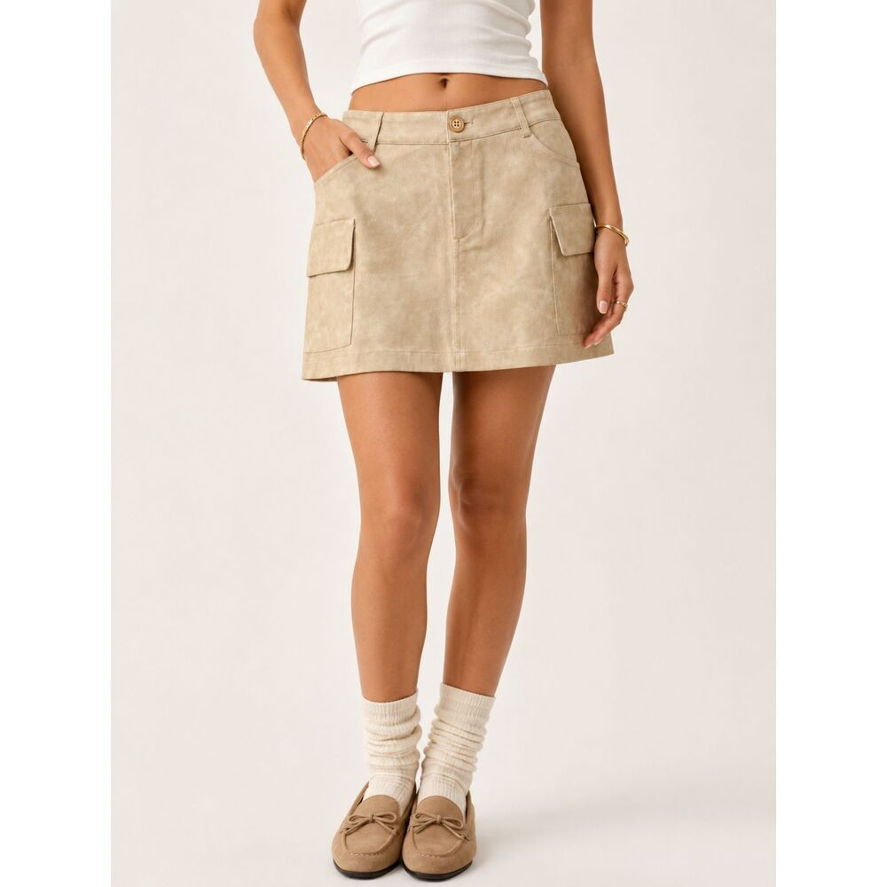 Miss Lola Vegan Leather Cargo Mini Skirt M Beige Tan Y2K Utility Boho 2000s